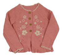 Růžový propínací svetr s kytičkami a flitry Mothercare 