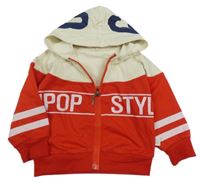 Smetanovo-červená lehká propínací mikina s nápisem a kapucí 