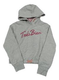 Šedá crop mikina s růžovým nápisem a kapucí Alive