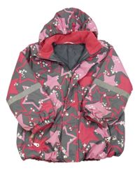 Šedo-růžová šusťáková zimní funkční bunda s hvězdami a kapucí 