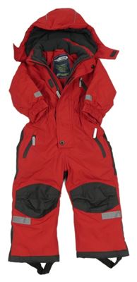 Červeno-tmavošedá šusťáková zimní funkční kombinéza s kapucí 