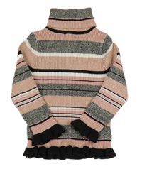 Starorůžovo-černo-bílo-zlatý pruhovaný úpletový rolák s volánky PRIMARK