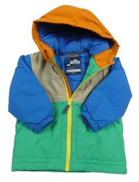 Béžovo-zelená šusťáková zimní bunda s modrými rukávy a kapucí Next