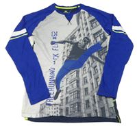 Tmavomodro-safíovo-šedé triko s potiskem We