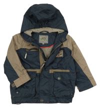 Hnědo-tmavomodrá šusťáková jarní bunda s kapucí 