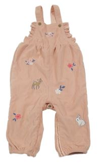 Světlerůžové laclové podšité sametové kalhoty s kytičkami a zvířátky Little nutmeg