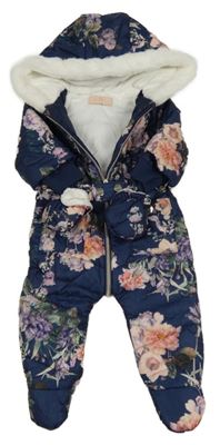 Tmavomodrá květovaná šusťáková zimní kombinéza s páskem a kapucí + rukavice Lipsy London