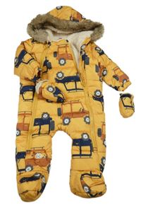 Hořčicová šusťáková zimní kombinéza s auty a kapucí + rukavice F&F