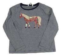 Tmavomodro-šedé proužkaté triko s koněm z flitrů 