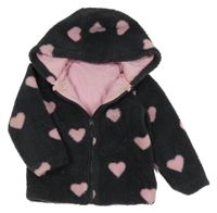 Tmavošedá huňatá propínací podšitá mikina se srdíčky a kapucí 