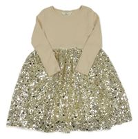 Smetanové žebrovano/tylové šaty se zlatými flitry a pajetkami H&M