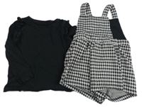 2set - Černo-bílé kostkované laclové kraťasy + černé triko s volánky F&F