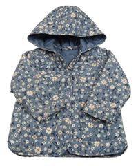 Modrošedá šusťáková prošívaná zateplená bunda s kytičkami a kapucí So Cute