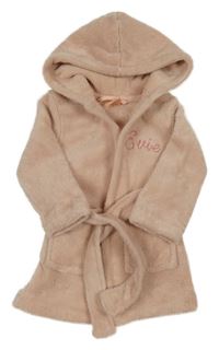 Starorůžový chlupatý župan s nápisem a kapucí 