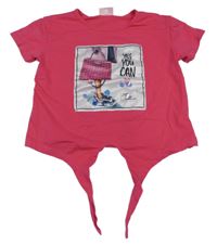 Růžové crop oversize tričko s potiskem a zavazováním Alouette