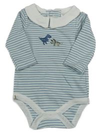 Světlemodro-bílé pruhované body s dinosaury a límečkem 