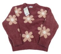 Nové - Růžový chlupatý svetr s květy Primark