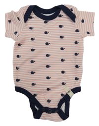Růžovo-bílo-tmavomodré pruhované body s velrybami Kuniboo