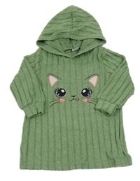 Zelená melírovaná žebrovaná úpletová tunika s kočičkou a kapucí