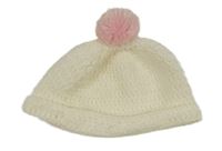 Smetanová pletená čepice s růžovou bambulí