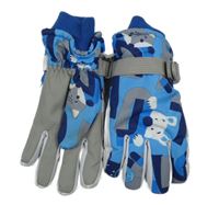 Modro-tmavomodro-šedo-bílé šusťákové zimní prstové rukavice se zvířátky