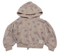 Pudrová oversize crop mikina s kytičkami a nápisem a kapucí PRIMARK