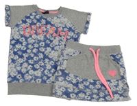 2Set - Modro-šedo-bílá květovaná tepláková sukně se srdíčkem z flitrů + teplákové tričko s nápisem Tom-Du