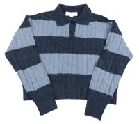 Modro-tmavomodrý vzorovaný vlněný crop svetr s límečkem ZARA