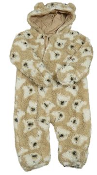 Béžová chlupatá zateplená kombinéza s medvědy a kapucí F&F