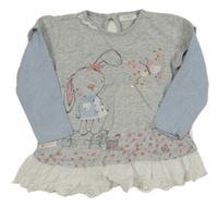 Šedo-modro-bílé triko se zajícem a pruhy na rukávech Next