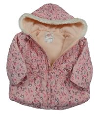 Růžová květovaná šusťáková zateplená bunda s kapucí