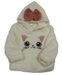 Smetanová chlupatá mikina s kočkou a kapucí