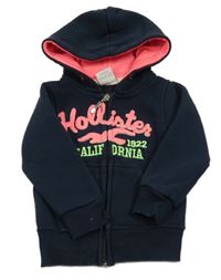 Tmavomodrá propínací mikina s nápisem a kapucí Hollister