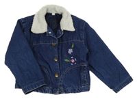 Tmavomodrá riflová zateplená bunda s výšivkami květin