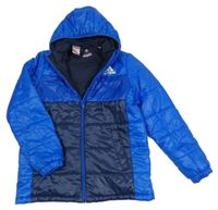 Modro-tmavomodrá šusťáková prošívaná zateplená bunda s logem a kapucí Adidas