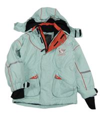 Světlemodrá šusťáková lyžařská bunda s králíkem a kapucí 