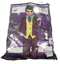 Kostým - 4 set - fialové pruhované sako + kalhoty + žluto-zelená vesta s kravatou + barvy na obličej - klaun