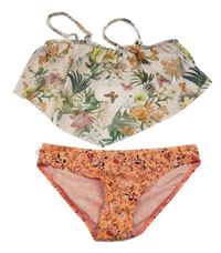 Oranžovo-smetanovo-zelené květované dvoudílné plavky 