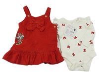 Nové - 2 set - bílé body s červenými mašličkami + červené laclové manšestrové šaty s Minnie Disney