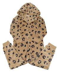 Hnědá plyšová leopardí kombinéza s kapucí M&S