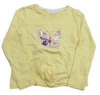 Žluté triko s motýlem a nápisem Kids