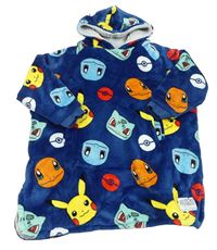 Tmavomodrá plyšová oversize zateplená mikina s pokémony a kapucí