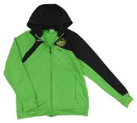 Zeleno-černá propínací sportovní mikina s nápisy a nášivkou a kapucí zn. Erima 