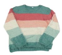 Zeleno-bílo-růžový pruhovaný chlupatý svetr