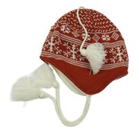 Oranžovo-bílá vzorovaná čepice s vločkami a třásněmi 