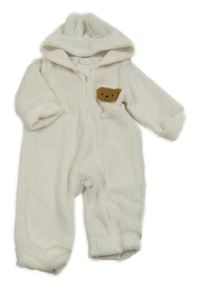 Bílá plyšová kombinéza s medvídkem a kapucí 