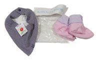 Nové - 2set - růžovo-lila capáčky + tmavomodro-růžový pruhovaný šátek 