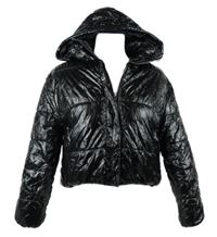 Dámská černá latexová crop zateplená bunda s kapucí 