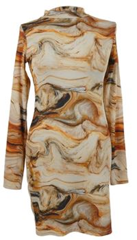 Dámské béžovo-oranžové vzorované žebrované šaty 