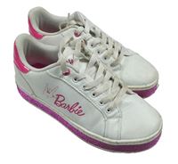 Bílo-růžové koženkové boty s nápisem Barbie vel.35